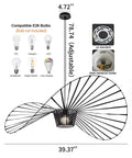 Black Vintage Chandelier With Straw Hat Shape Pendant Light, D39 Dope Boho Modern Farmhouse Ceiling Fixture Using Stretch Fabric And Fiberglass, Perfect For Living Room, Bedroom, Dining Room Or Office. Pendant light dimensions and bulb options displayed.