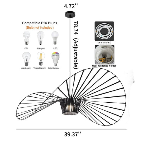 Black Vintage Chandelier With Straw Hat Shape Pendant Light, D39 Dope Boho Modern Farmhouse Ceiling Fixture Using Stretch Fabric And Fiberglass, Perfect For Living Room, Bedroom, Dining Room Or Office. Pendant light dimensions and bulb options displayed.