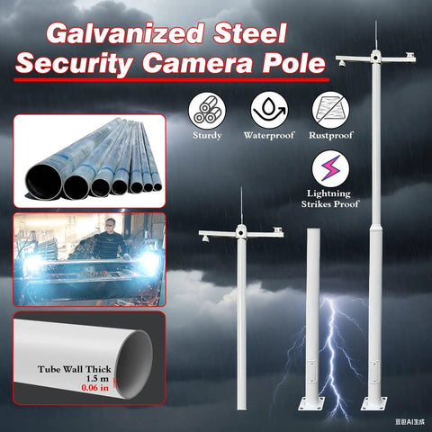 Heavy Duty Galvanized Steel Outdoor Camera Mounting Pole Kit With Ground Cages, Adjustable Heights From Six To Twenty Feet, Tool Free Assembly, Built To Last, Your Go To Setup For Backyard Or Parking Lot Surveillance