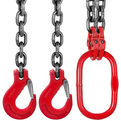 Heavy Duty 3 Eighth Inch By 5 Foot Double Leg Chain Sling With Grab Hooks G80 Manganese Steel Chain Ultra Tough Lifting Slings For Industrial Use 8800 Lb Working Capacity 4 Ton Lift Capacity with red grab hooks