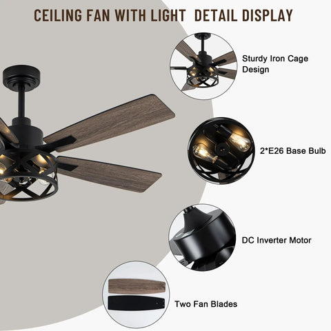 Detail view of 52 Inch Farmhouse Ceiling Fan With Lights And Remote, Caged Rustic Light Fixture, Reversible DC Motor, 5 Double Finish Wood Blades