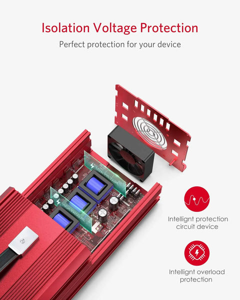 Close-up of Heavy Duty 2000W Power Inverter DC To AC Converter showing isolation voltage protection features and circuit board.