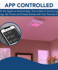 Replacement Bath Fan Cover With Color Changing LED Light Adjustable Brightness And Scene Modes And Sensonic Bluetooth Speaker shown with app control feature