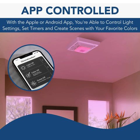 Replacement Bath Fan Cover With Color Changing LED Light Adjustable Brightness And Scene Modes And Sensonic Bluetooth Speaker shown with app control feature