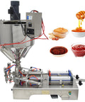Horizontal Pneumatic Paste Liquid Filling Machine With Heating And Stirring Function Stainless Steel Dual Nozzle 100 To 1000 Ml Capacity with displays and bowls of paste.