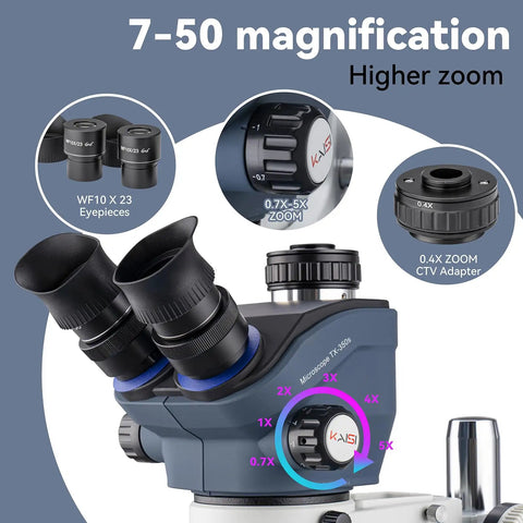 Pro Grade Stereo Microscope With Trinocular Setup For Soldering And PCB Work Camera Ready Heavy Duty Precision Microscope For Microelectronics And Detailed Inspection Eye Friendly Eyepieces with WF10x23 eyepieces, 0.7x-5x zoom and 0.4x CTV adapter