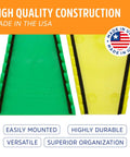 Close-up of green and yellow sections of a reversible wrench rack, highlighting high-quality USA construction.