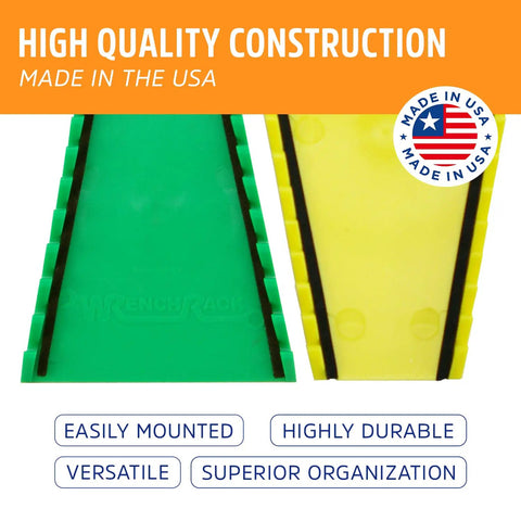 Close-up of green and yellow sections of a reversible wrench rack, highlighting high-quality USA construction.