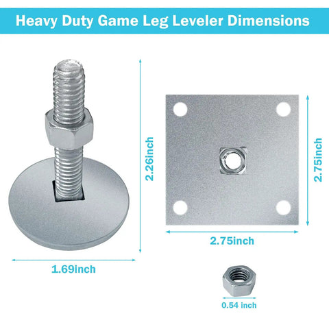 Heavy Duty 2 Inch Leg Levelers Set With Square Metal Plate dimensions and components for arcade game cabinets.