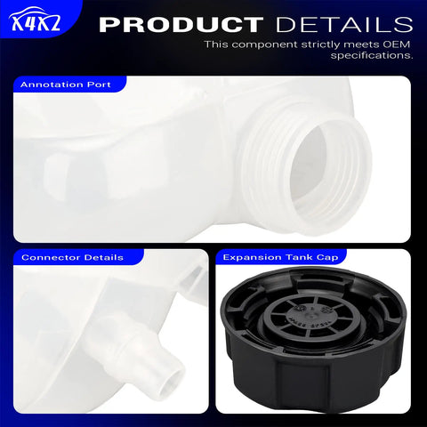 Dang Tough Engine Coolant Reservoir Expansion Tank With Secure Pressurized Lid For Bmw 1 Series 118I 318I I3 I8 And Mini Cooper Paceman Countryman R50 R56 F54 F60 Oe 603-332 showing connector details and tank cap.