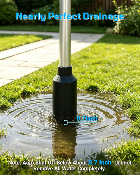 Heavy Duty Cordless Water Pump With 720 GPH Output And 29 Ft Max Lift featuring a 0.7 inch drainage function in outdoor settings.