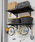Two Pack 2x3 Ft Wall Mounted Garage Shelves Heavy Duty Steel Storage Racks With Hooks 250 Lb Per Shelf 500 Lb Total Capacity