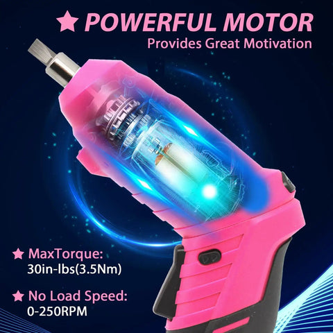 Pink Cordless Mini Screwdriver Kit With 3.7V Rechargeable Power, featuring powerful motor and LED light, side view.