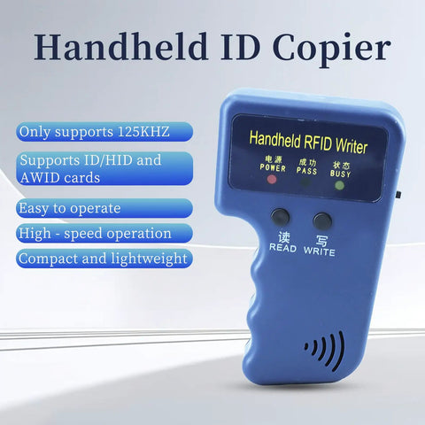 Portable No Fuss Handheld 125KHz RFID Reader Writer Copier for T5577 and EM4305 device with display and buttons visible