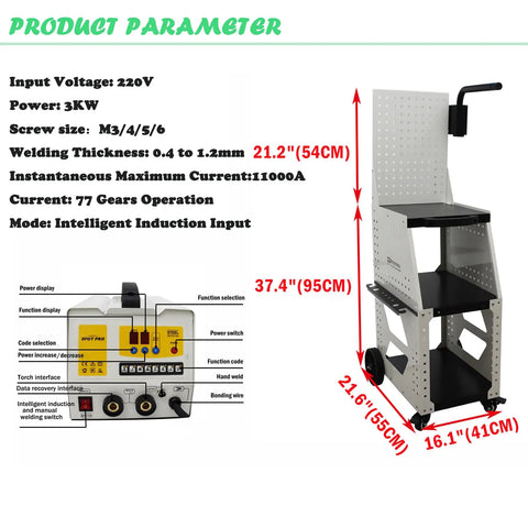 Spot Weld Dent Puller Kit For Steel Auto Body Dents control unit and stand dimensions overview