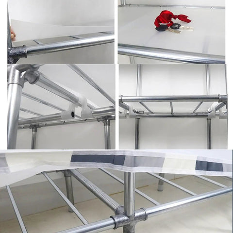 Heavy Duty Portable Wardrobe Closet With Zipper Dust Shield Cover And Sturdy Hanging Rods Plus Spacious Shelves metal frame detail with support bars and dust cover.