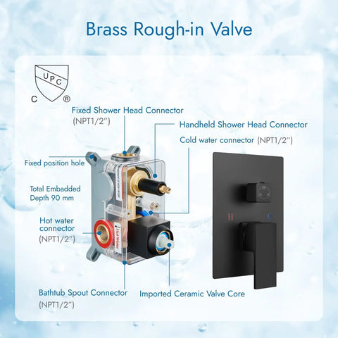Brass rough-in valve for Dope Wall Mount 3-Function Shower System With Handheld Spray and Waterfall Tub Spout, Matte Black