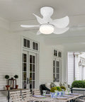 Dope 24 Inch Flush Mount Ceiling Fan With Light Kit in an outdoor patio setting, featuring 5 blades and a white finish