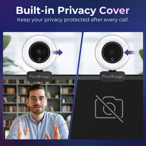 Hella Crisp 4K Webcam For PC With Built In Mic And Soft Ring Light Plus Manual Privacy Cover showing privacy cover feature.