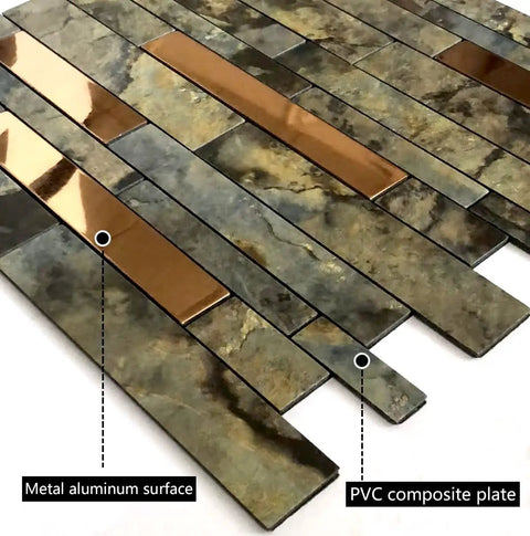 Peel And Stick Backsplash Tile Set For Kitchen And Bathroom Vanities, Self Adhesive Mosaic Tiles With 3D Marble Texture, PVC Mixed Metal Look
