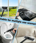 Get Rid Of Grime Fast With This Heavy Duty 1800W Steam Mop And Multipurpose Cleaner shown cleaning window, gas stove, toilet, and couch.