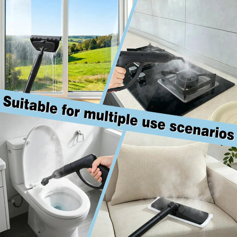 Get Rid Of Grime Fast With This Heavy Duty 1800W Steam Mop And Multipurpose Cleaner shown cleaning window, gas stove, toilet, and couch.