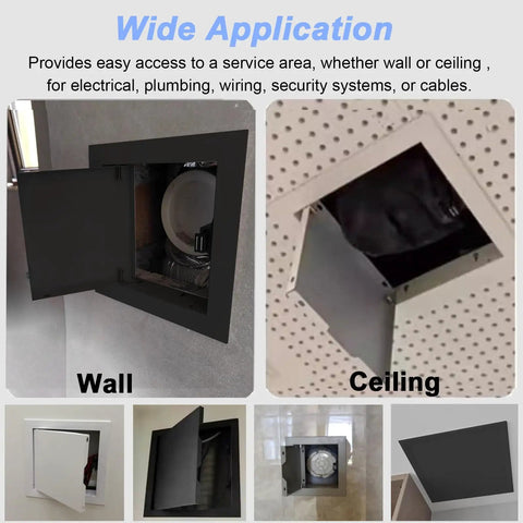 Custom Sized Black Drywall Access Panel With Slick Touch Latch And Heavy Duty Aluminum Frame For Ceilings Walls Quick Flush Install For Hidden Plumbing Electrical Work No Sweat Setup in wall and ceiling applications.