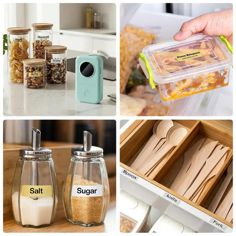 Portable Bluetooth Label Maker D30 With Three Tapes White Gold Clear on kitchen counter with labeled jars, containers, and drawers.
