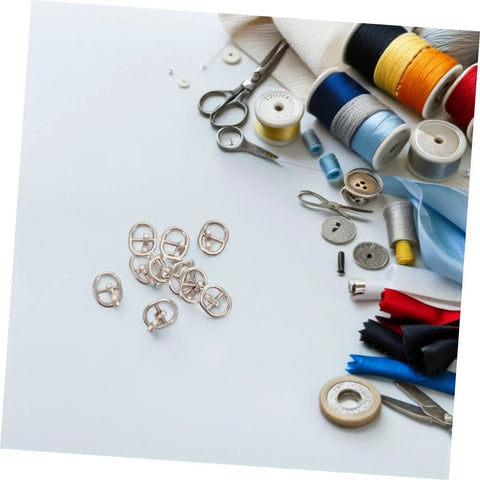 150 Pieces Mini Belt Fasteners Tiny Alloy Buckles For Doll Clothes And Shoes Diy Crafting Mixed Silver Gunmetal Antique Bronze Colors Easy Assembly Miniature Sewing Accessories on a sewing table with spools and threads
