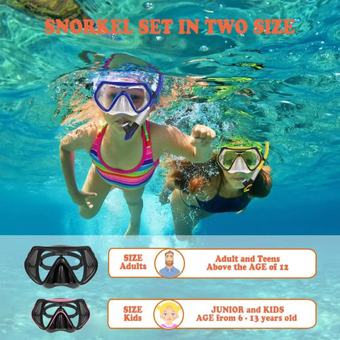 Two snorkelers underwater with Complete Snorkeling And Diving Gear Package Set For Adults With Anti Fog Mask Purge Valve Black Black