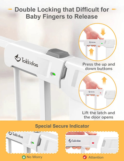 Image of Extra Wide Auto Close Baby Gate With Easy Walk Through For Stairs And Doorways Pressure Mounted No Drilling With Two Extensions For 29 To 40 Inch Openings Ideal For Homes With Pets And Kids, focusing on the double locking system and secure indicator light.