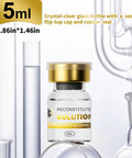 Front view of a 5 mL crystal-clear glass vial with a gold cap labeled Reconstitution Solution, 0.9% benzyl alcohol.