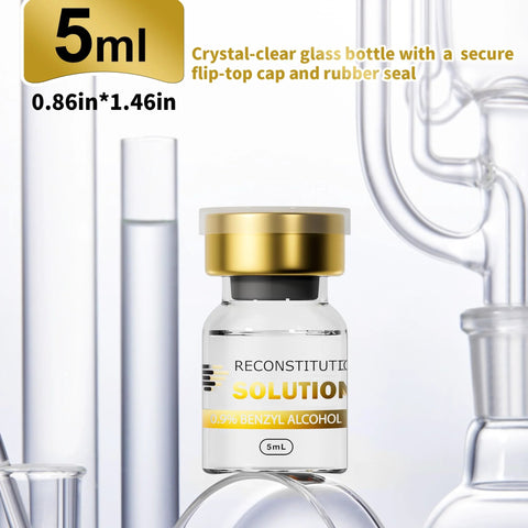 Front view of a 5 mL crystal-clear glass vial with a gold cap labeled Reconstitution Solution, 0.9% benzyl alcohol.