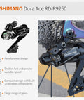 Close-up of Shimano Dura Ace RD-R9250 derailleur on carbon road bike with Ultegra Di2 9270 electronic shifting for precise gear changes.