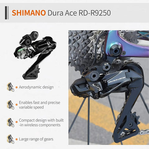 Close-up of Shimano Dura Ace RD-R9250 derailleur on carbon road bike with Ultegra Di2 9270 electronic shifting for precise gear changes.
