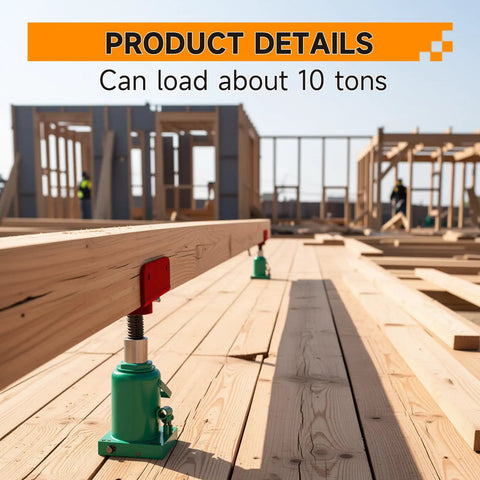 2 Pack U Shaped Bottle Jack Post Adapter for 4x2 4x4 4x6 wood beams in red, supporting heavy load on construction site