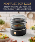 Egg Cooker That Boils Up To 14 Eggs At Once With Two Tier Design, steaming fish and veggies, auto shut off, black