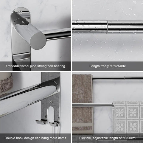 Retractable 17 To 31 Inch Towel Rack With Hooks Three Tier Wall Mount Shelf Bar In SUS304 Stainless Steel No Drill Adhesive Mount