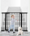 Child and puppy near Extra Wide Baby Gate For Stairs And Doorways 30 Inches Tall With Three Extensions Adjustable 29.3 To 46 Inches