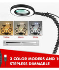 Pro Soldering Helping Hands Third Arm Tool with 3X Magnifier, USB LED Flashlight showing color modes and dimmer options