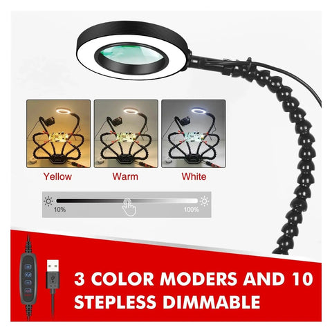 Pro Soldering Helping Hands Third Arm Tool with 3X Magnifier, USB LED Flashlight showing color modes and dimmer options