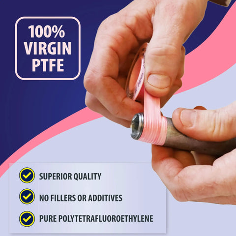 Person wrapping Pink PTFE Thread Seal Tape For Leak Proof Plumbing And HVAC Pipes The Go To High Density Water Line Sealant Non Toxic Pro Grade Half Inch By Two Hundred Sixty Inch Rolls around pipe