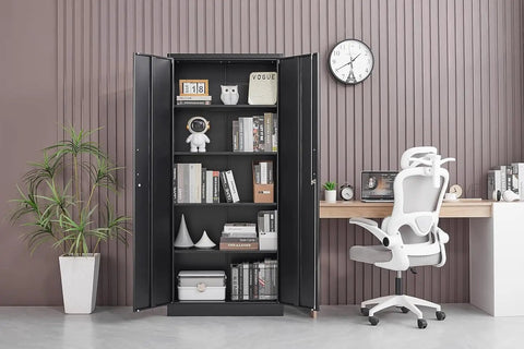 Beefy Black Metal Storage Cabinet With Adjustable Shelves And Doors, Versatile Garage, Kitchen Pantry And Home Office Storage Unit, 71 Inch Tall And Sturdy in a modern office setting.
