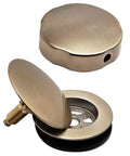 Heavy Duty 35 Inch Cable Drive Bathtub Drain Trim Kit Featuring A Rock Solid Brass Rotary Overflow Knob And Dang Smooth Pop Up Stopper With Built In Strainer Plus Straight Shot Poly Tubular Pipes In Real Nice Champagne Bronze - close-up of brass pop-up stopper and strainer.
