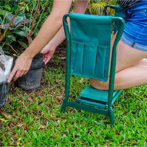 Person using Garden Kneeler Seat With Handles Folding Bench Kneeler Stool With Dual Tool Bags Cushioned Kneeling Pad Chair