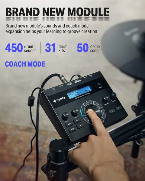 DED-200X Electronic Drum Set With Quiet Mesh Pads And Realistic Feel, 31 Kits And 450 Sounds module interface in use.