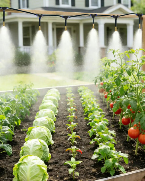 5/16 Inch Drip Irrigation Kit 100ft High Flow Garden Watering System with 16 Bendable 360 Degree Brass Misting Nozzles in garden