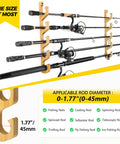 Solid Wood Horizontal Fishing Rod Holder Rack For Garage Wall Or Ceiling Mount Holds Up To 5, 10 Or 20 Rods Or Combos, Keeps Your Gear Safe And Organized And Damage Free shown holding various fishing rods on wall.