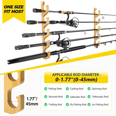 Solid Wood Horizontal Fishing Rod Holder Rack For Garage Wall Or Ceiling Mount Holds Up To 5, 10 Or 20 Rods Or Combos, Keeps Your Gear Safe And Organized And Damage Free shown holding various fishing rods on wall.