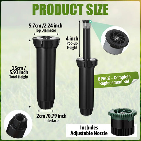 8 Pack Pop Up Sprinkler Heads Featuring Spare Nozzles For Comprehensive Lawn And Garden Irrigation Flexible Spray Patterns No Sweat Installation And Prograde Durability For Stress Free Yard Care size illustration with dimensions.